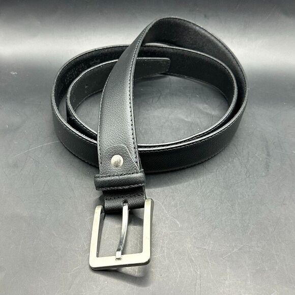 Mens Belt size 43 Black Leather Silver Square Buckle 49 Inches Length - Picture 2 of 10